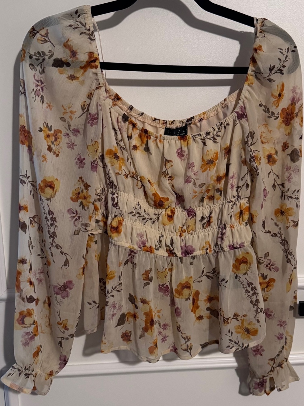 Trixxi Cream Floral Smocked Peasant Top with Yellow & Purple Blooms